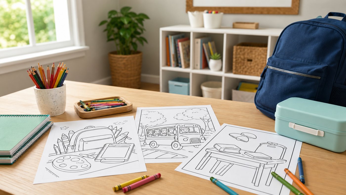 Printed back-to-school coloring pages with school supplies for a first-week classroom activity.