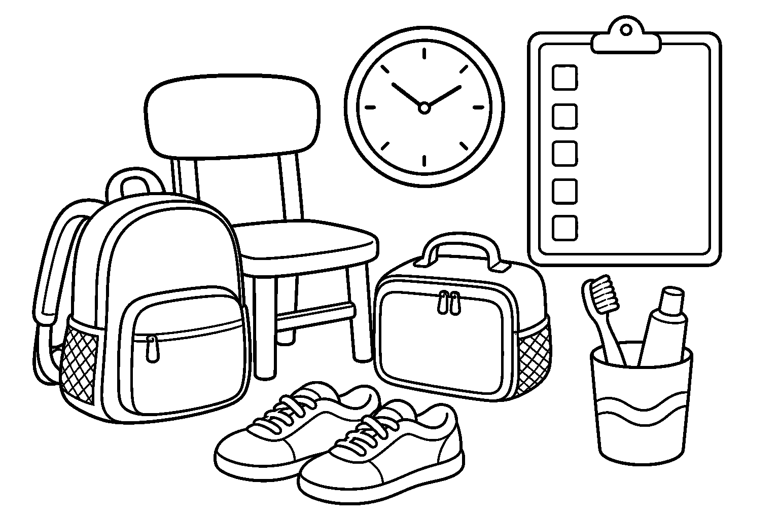 Printable morning routine coloring page with a backpack, lunchbox, shoes, clock, and checklist.