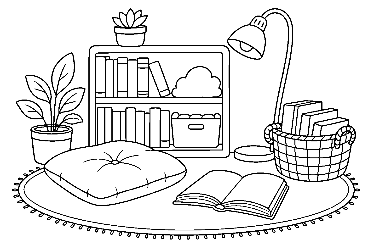 Printable reading corner coloring page for back-to-school reading routines.