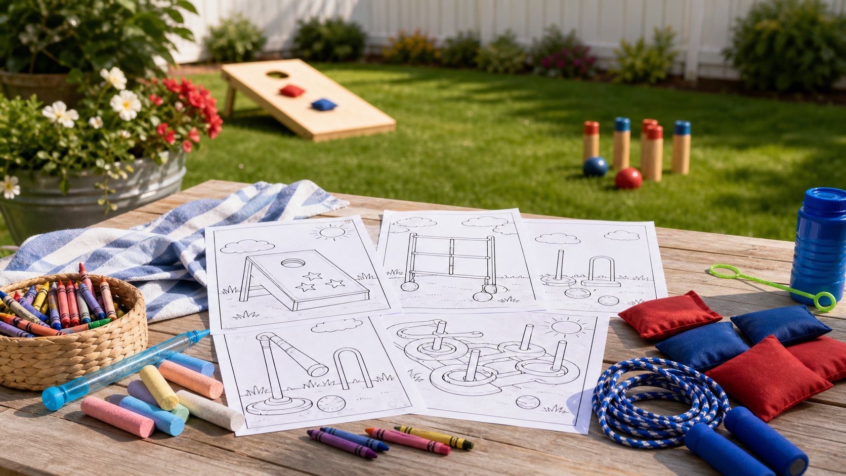 Printed backyard games coloring pages with crayons, sidewalk chalk, bubbles, and lawn game supplies.
