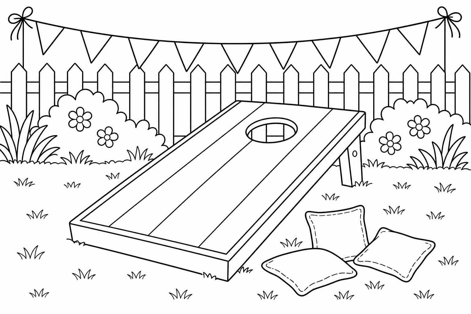 Printable bean bag toss coloring page for a summer party.