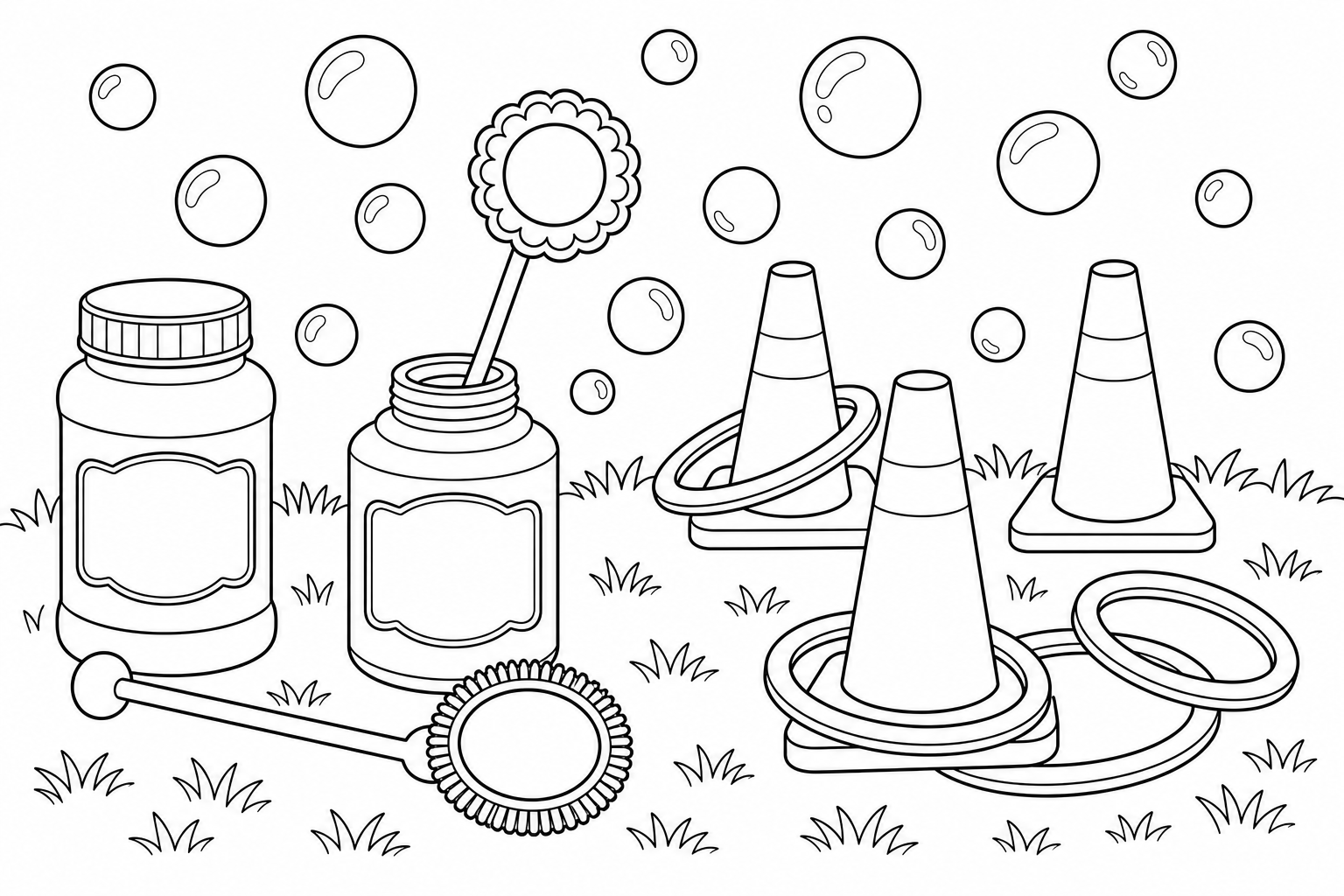 Printable bubble wand and lawn game coloring page for a summer party.