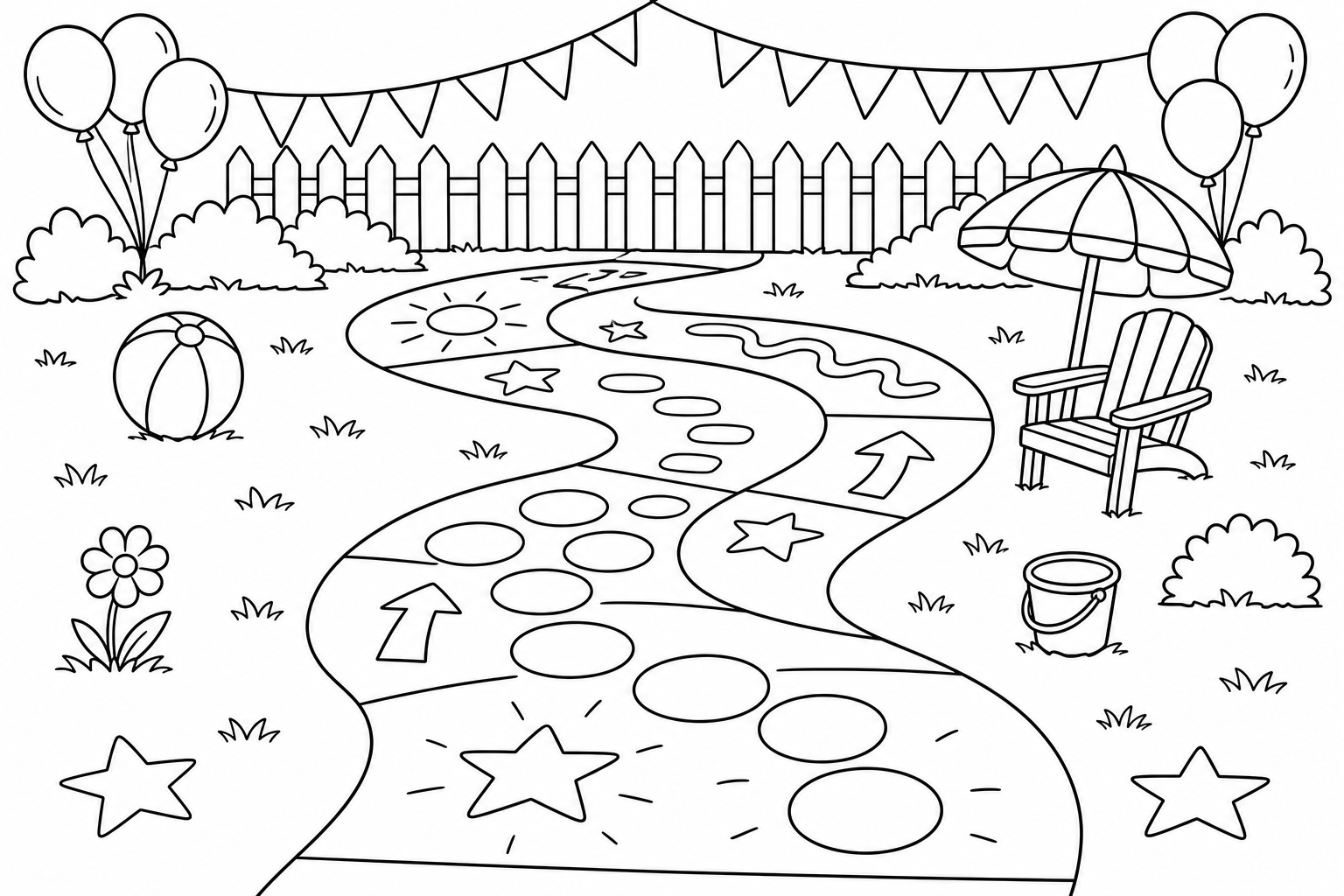 Printable sidewalk chalk path coloring page for a backyard summer activity.