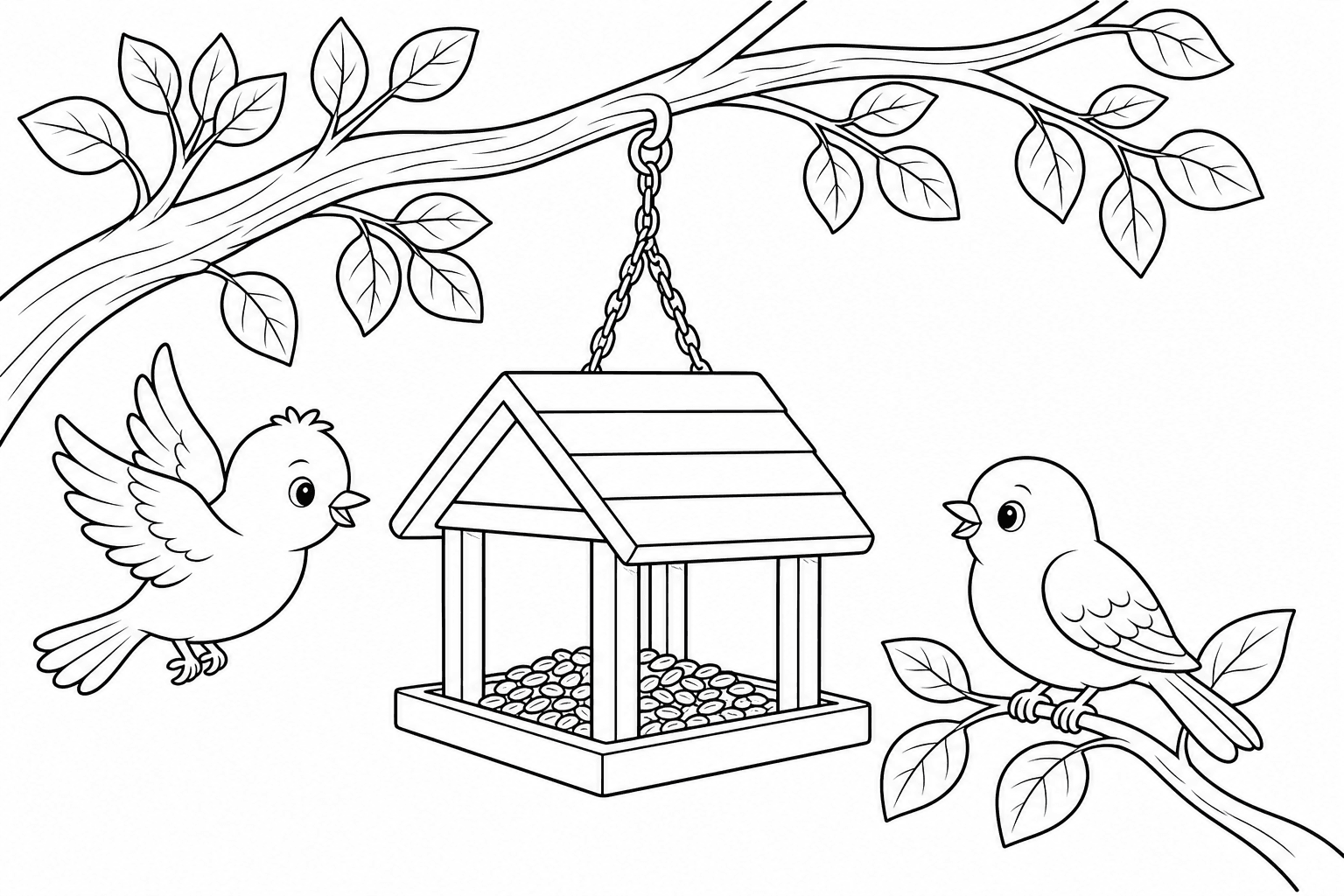 Printable backyard bird feeder coloring page for a nature scavenger hunt.