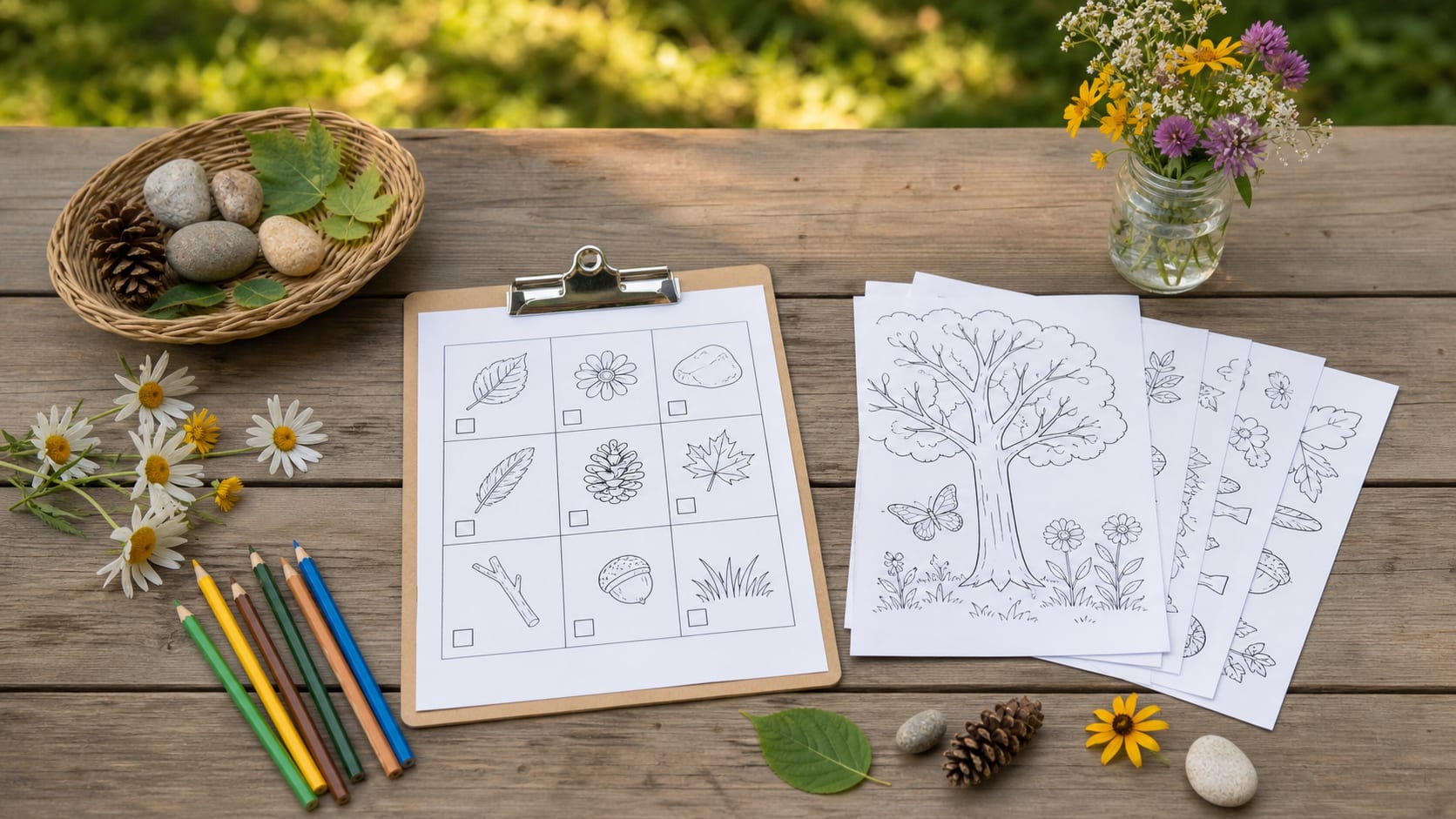 Summer backyard nature coloring page activity setup with printed pages, pencils, leaves, flowers, and smooth rocks.