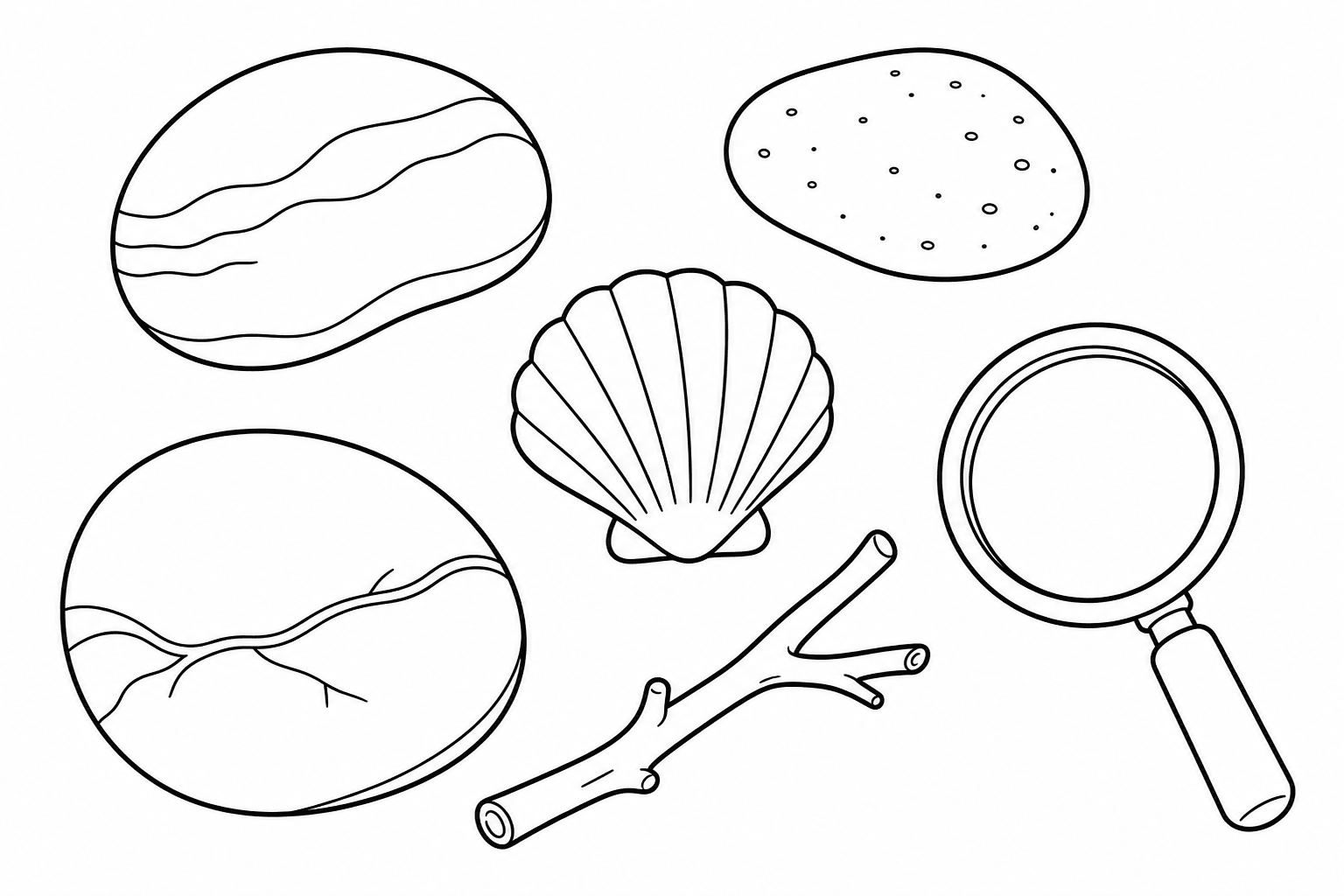 Printable rock and shell collection coloring page for a summer scavenger hunt.