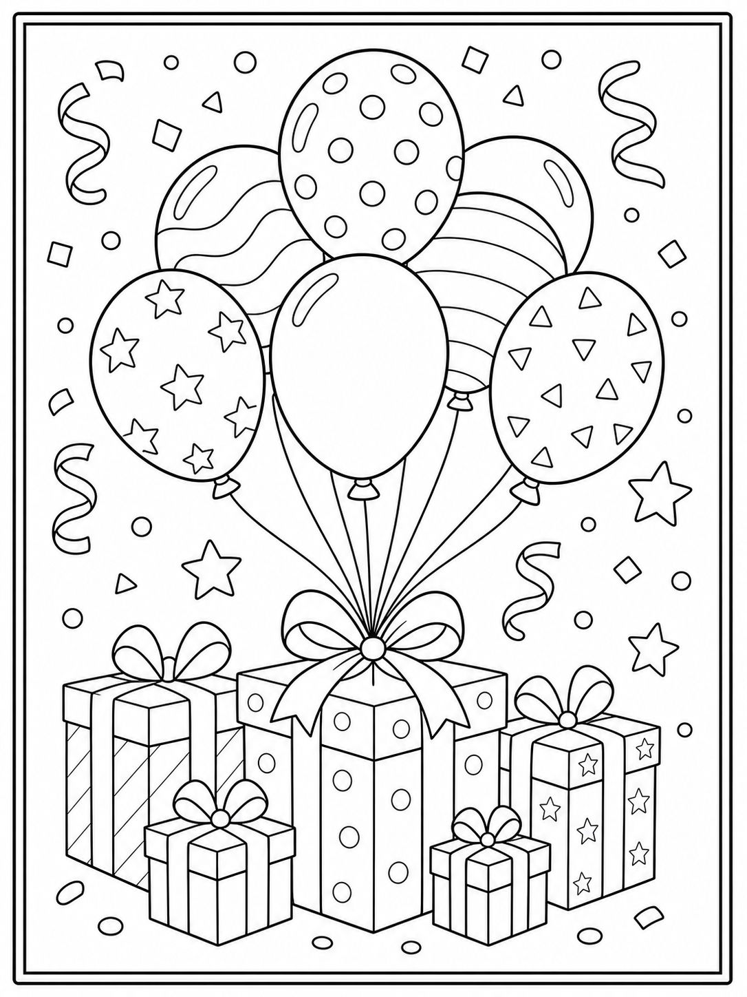 Printable birthday balloons and presents coloring page.