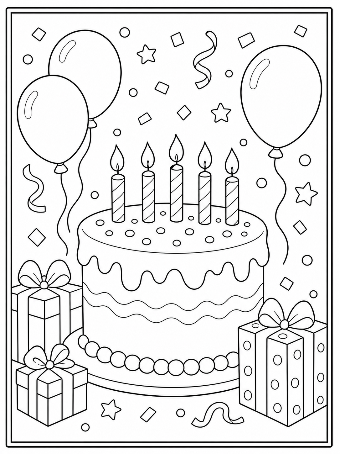 Printable birthday cake coloring page.