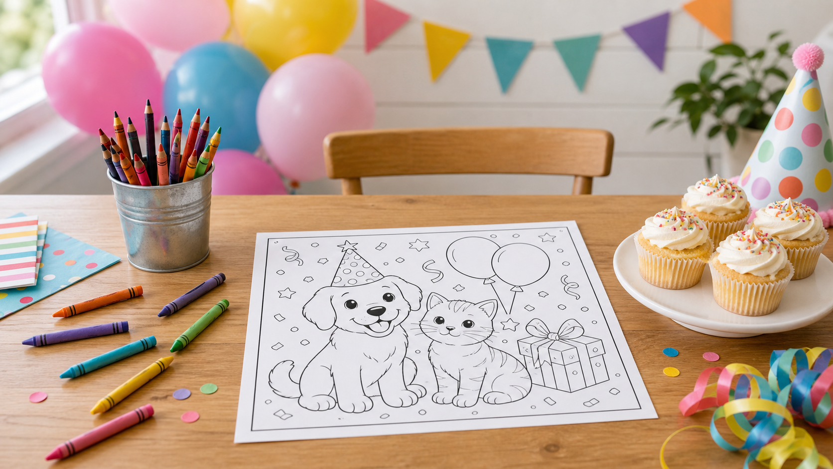 Personalized birthday coloring page on a party table with crayons, balloons, and cupcakes