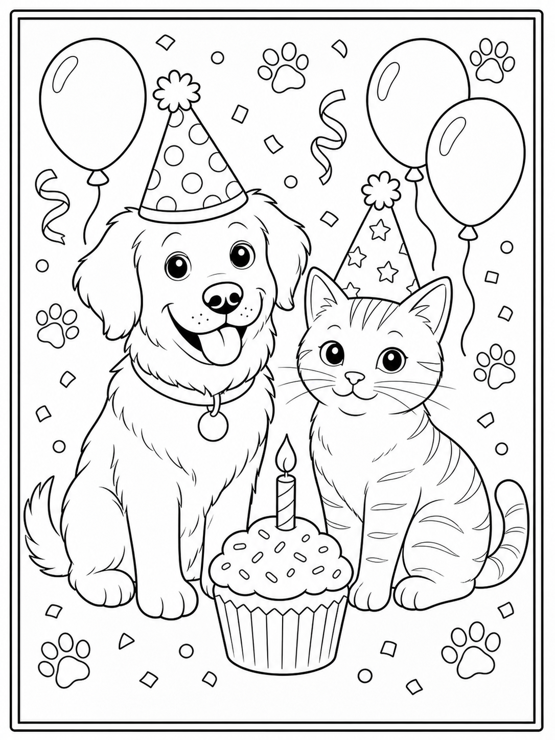 Printable birthday pet party coloring page.