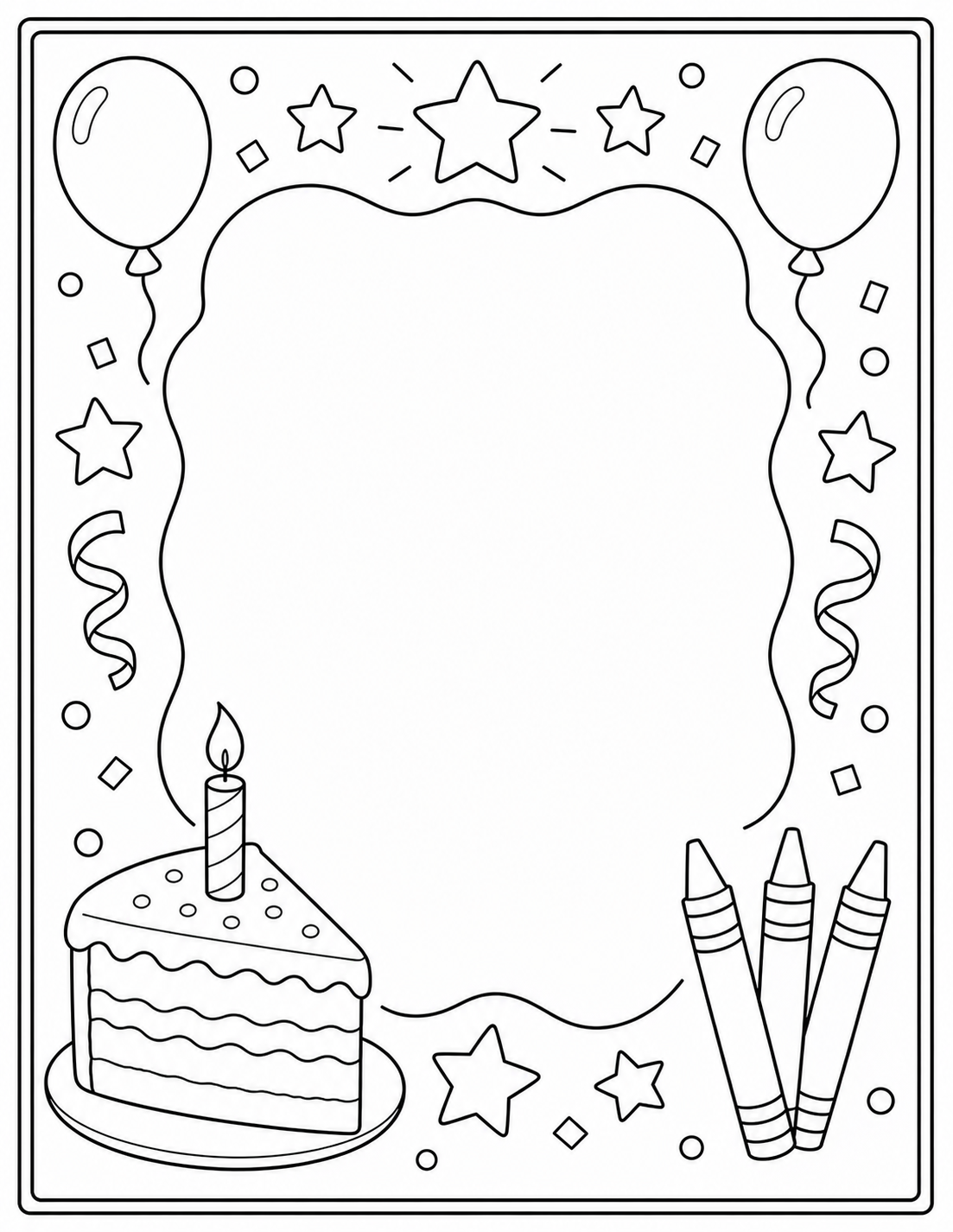 Printable birthday thank-you card coloring page with blank note space.