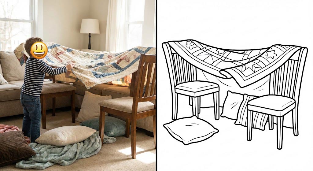 Split screen of child building a fort on the left with coloring book page version on the right