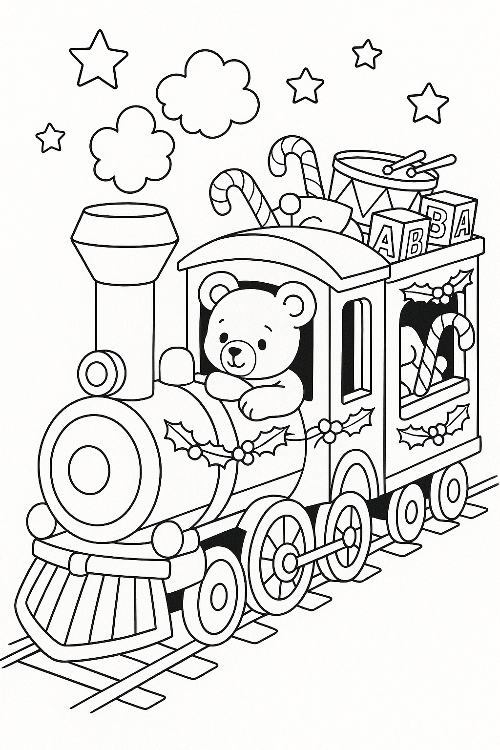 Preview of a Christmas train coloring page.