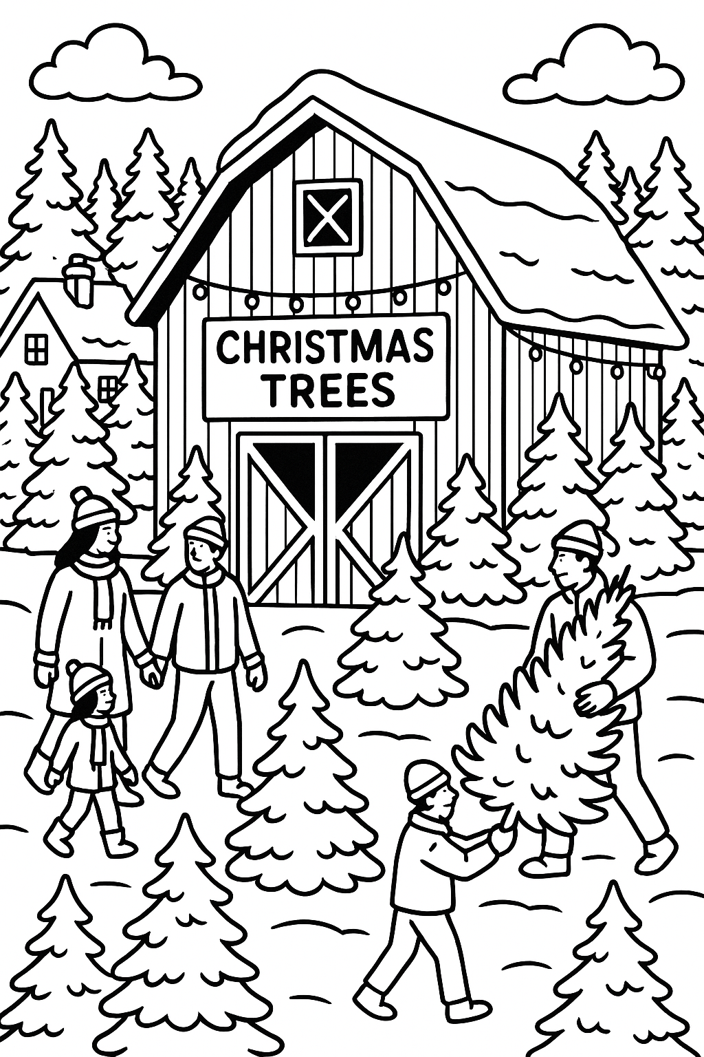 Preview of a Christmas tree farm winter coloring page.