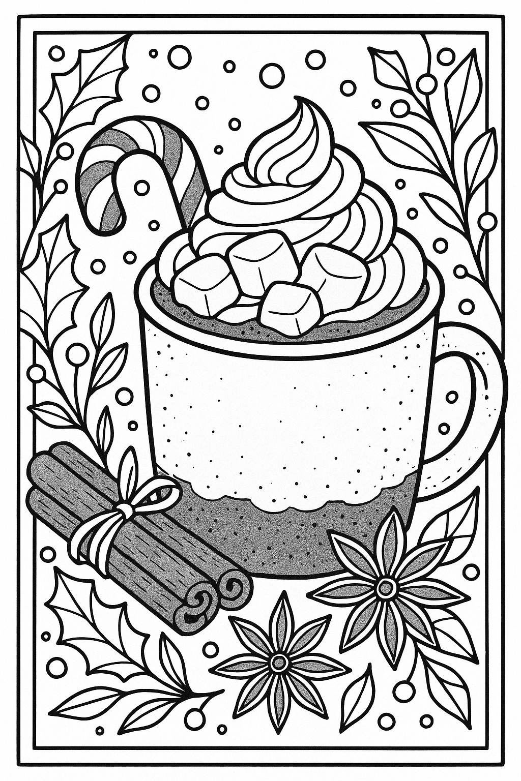 Free winter coloring page printable of a cozy mug of hot cocoa with whipped cream and festive details.