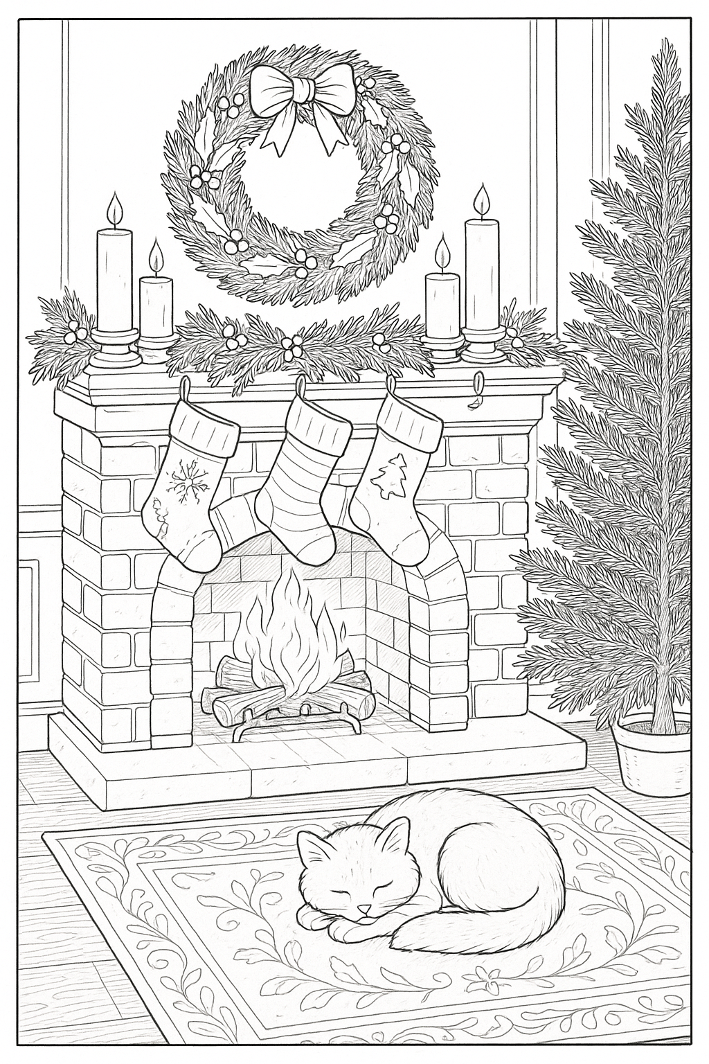 Preview of a detailed Christmas fireplace coloring page.
