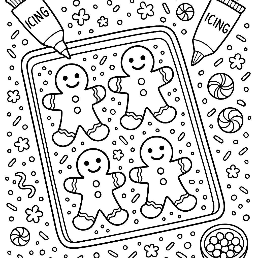 Preview of gingerbread cookies Christmas coloring page.