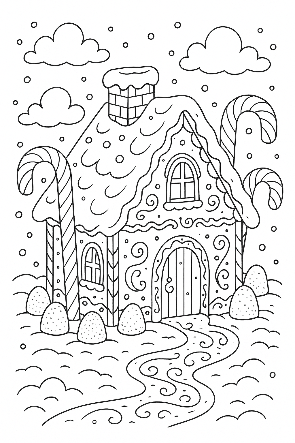 Preview of a gingerbread house Christmas coloring page.
