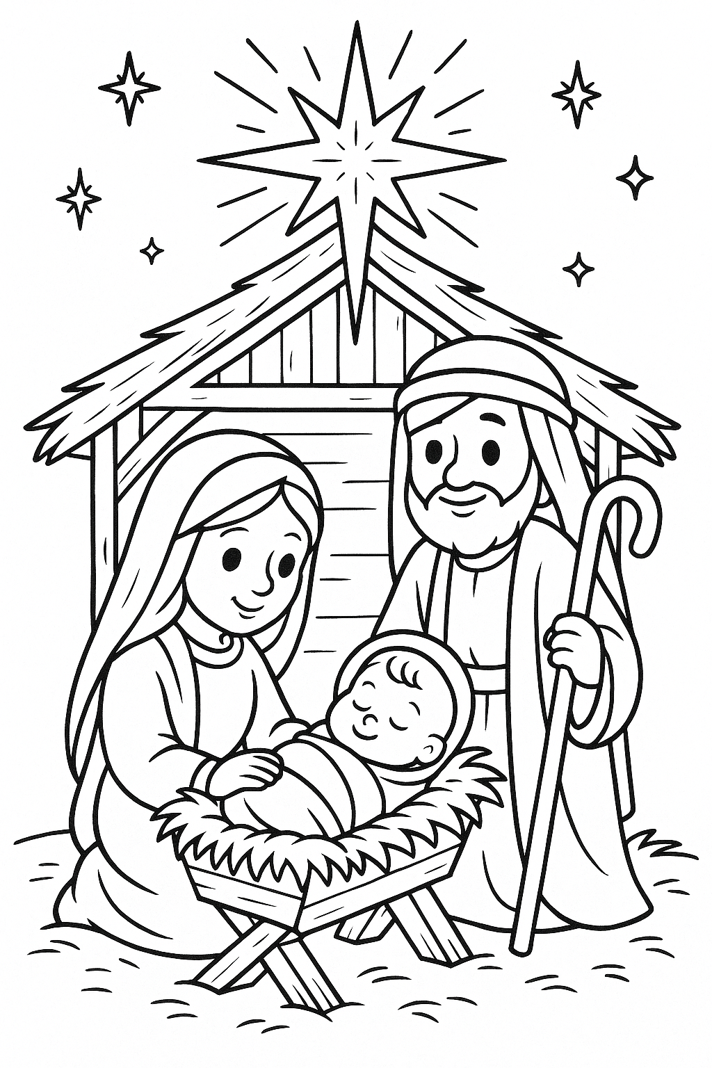 Preview of a nativity Christmas coloring page.