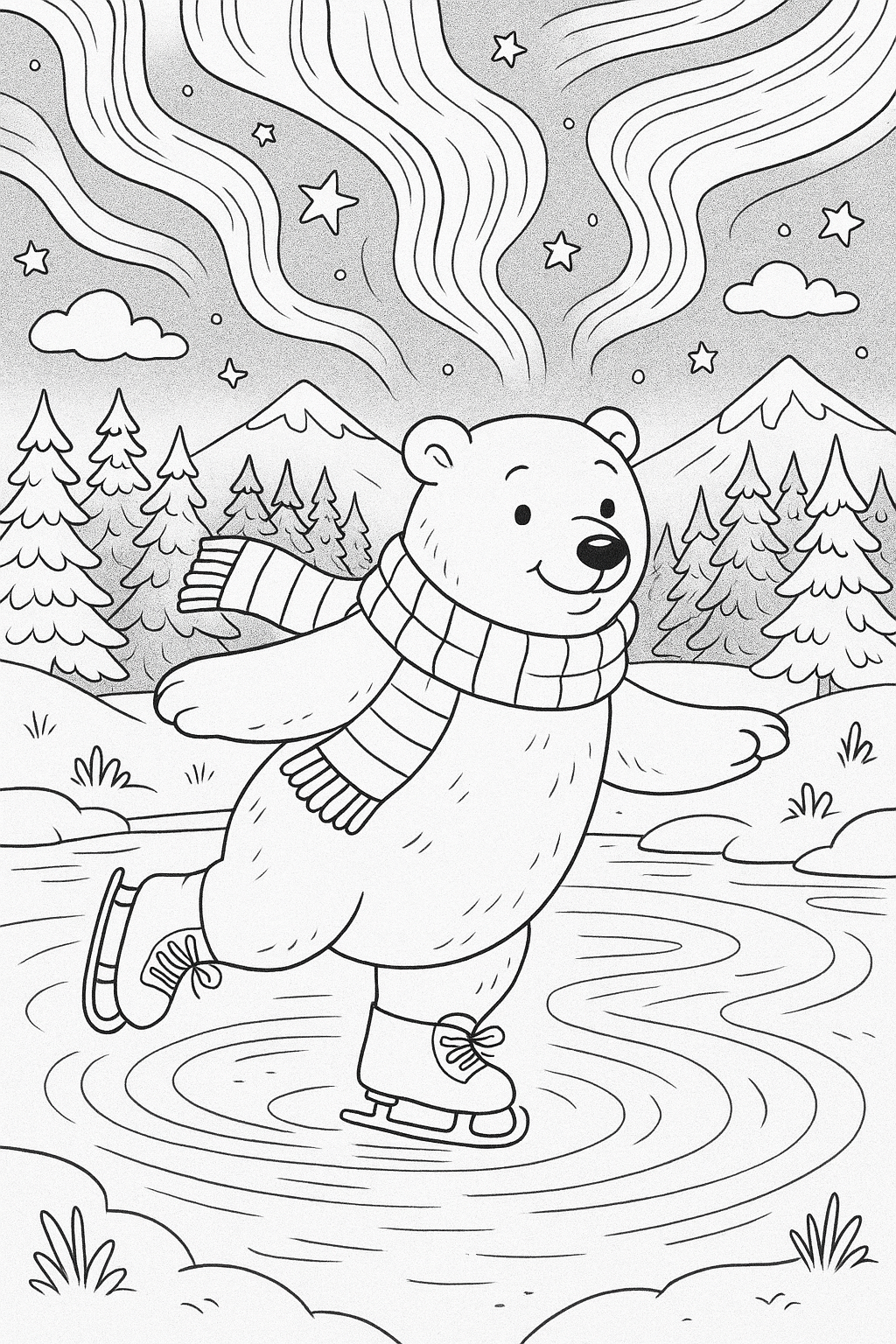 Preview of a skating snowman winter coloring page.