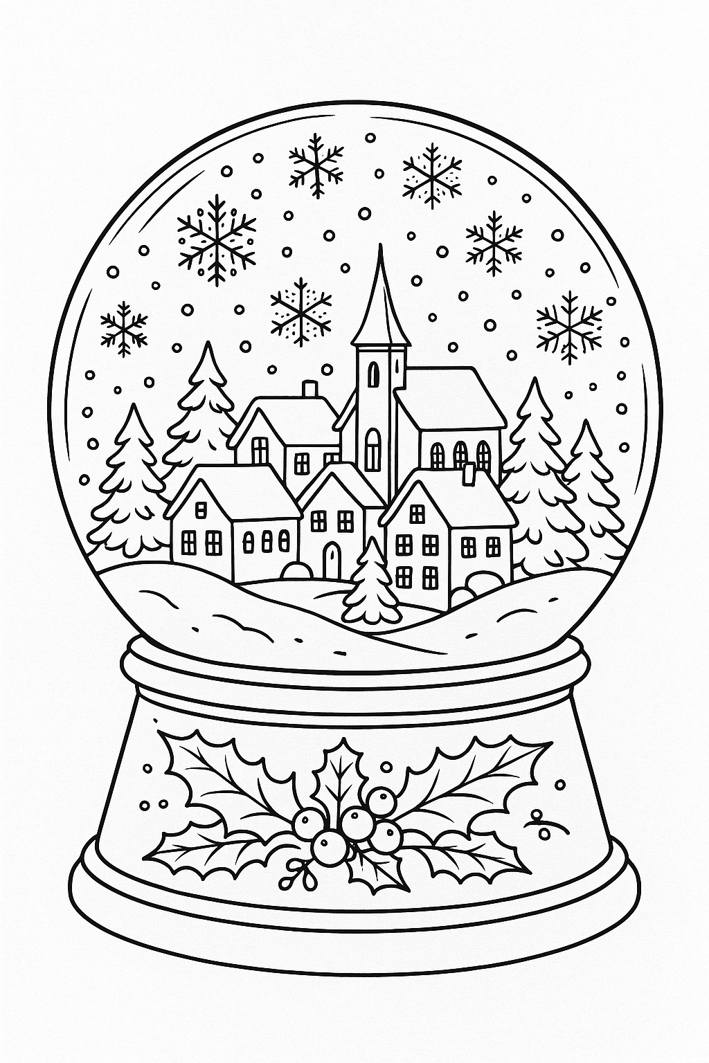 Preview of a snowglobe winter coloring page.