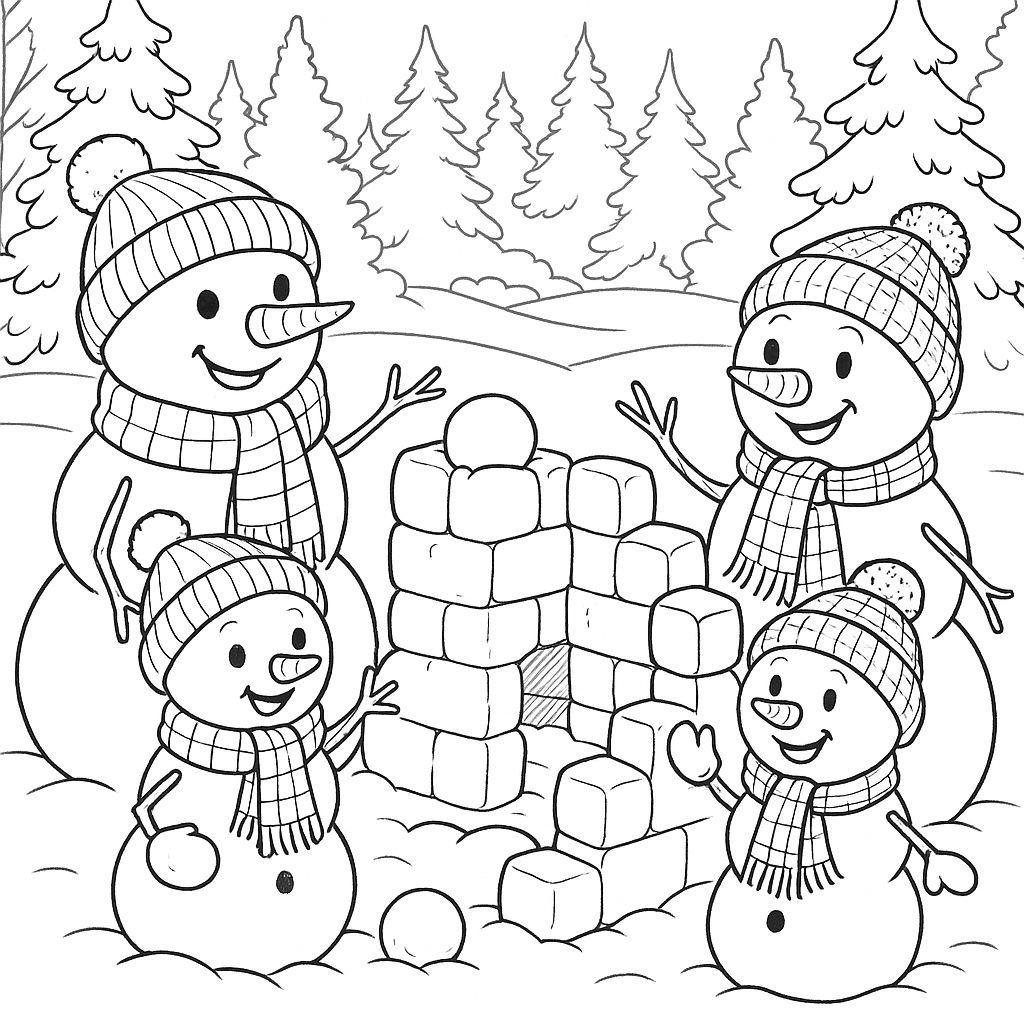 Preview of a snowman family winter coloring page.