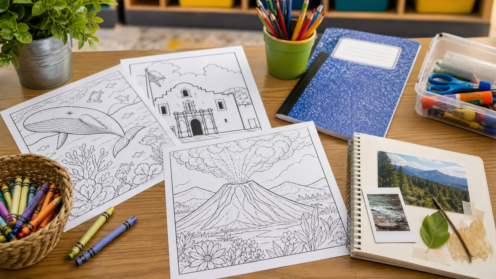 Printed classroom coloring pages, crayons, pencils, and a field trip notebook arranged on a teacher desk.