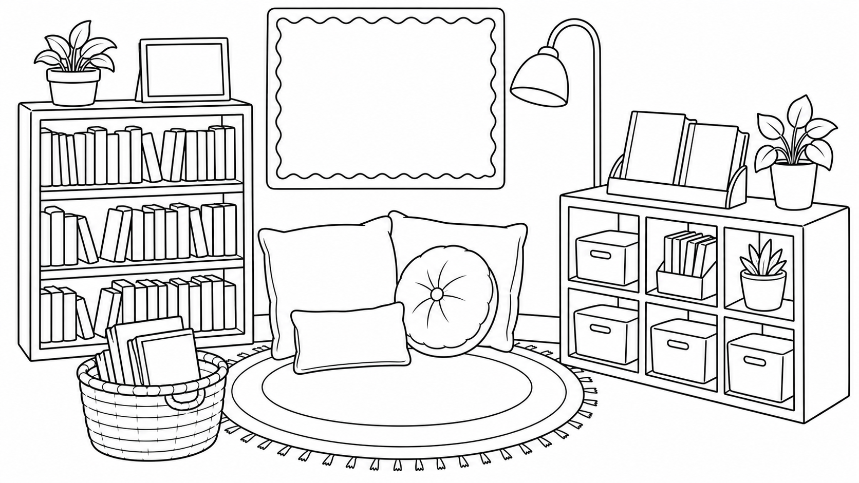 Printable classroom reading corner coloring page with bookshelves, pillows, baskets, and cozy classroom supplies.