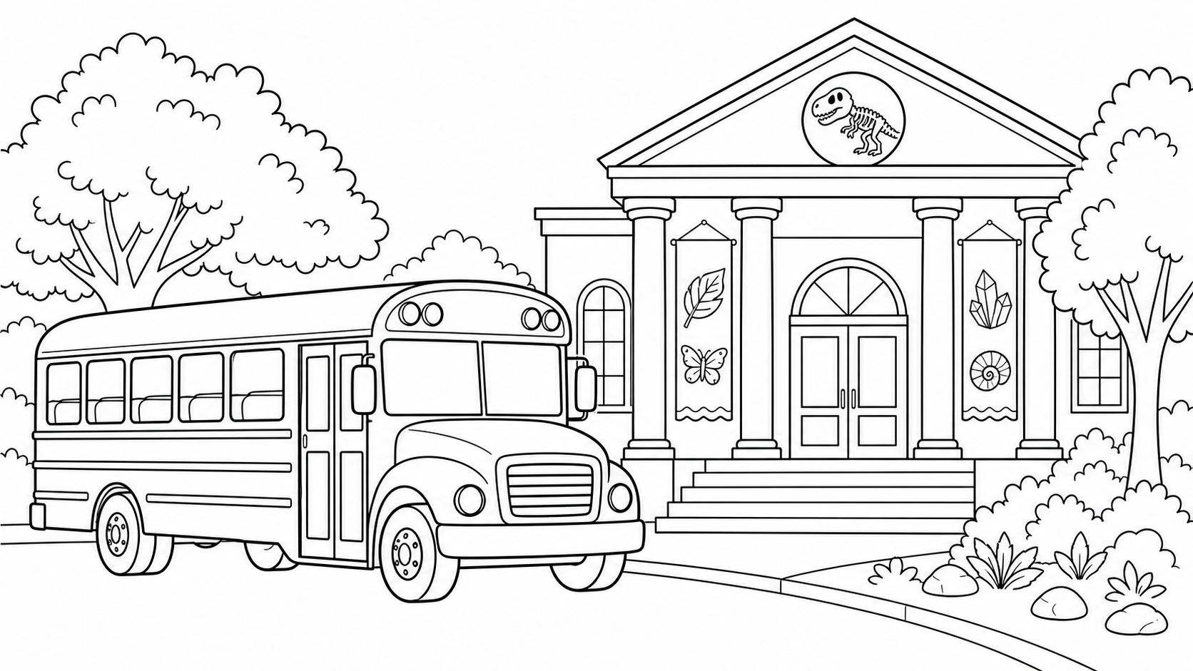 Printable coloring page of a school bus outside a museum or nature center for classroom field trip activities.