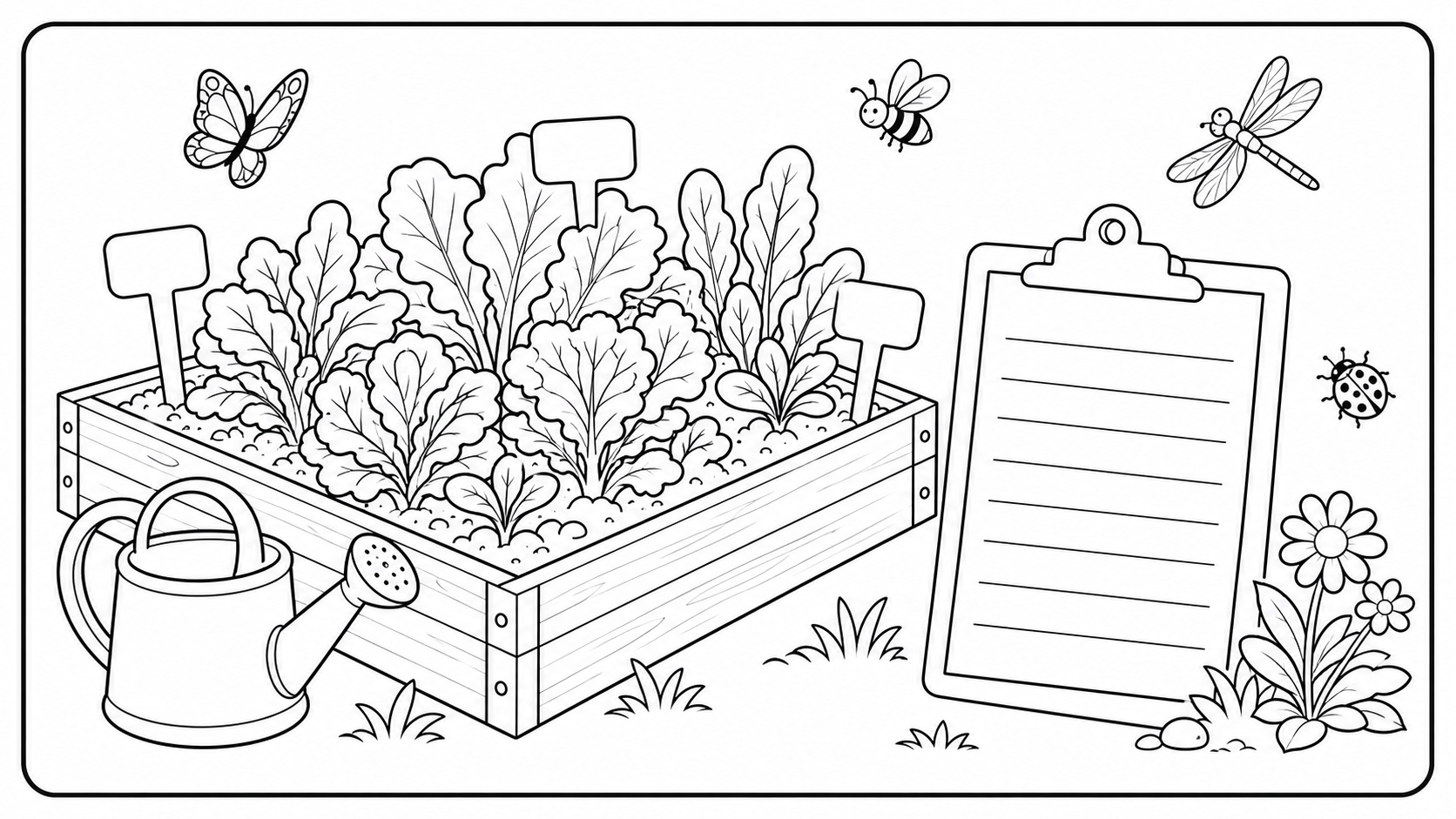 Printable school garden observation coloring page with a raised bed, watering can, insects, and a blank clipboard.