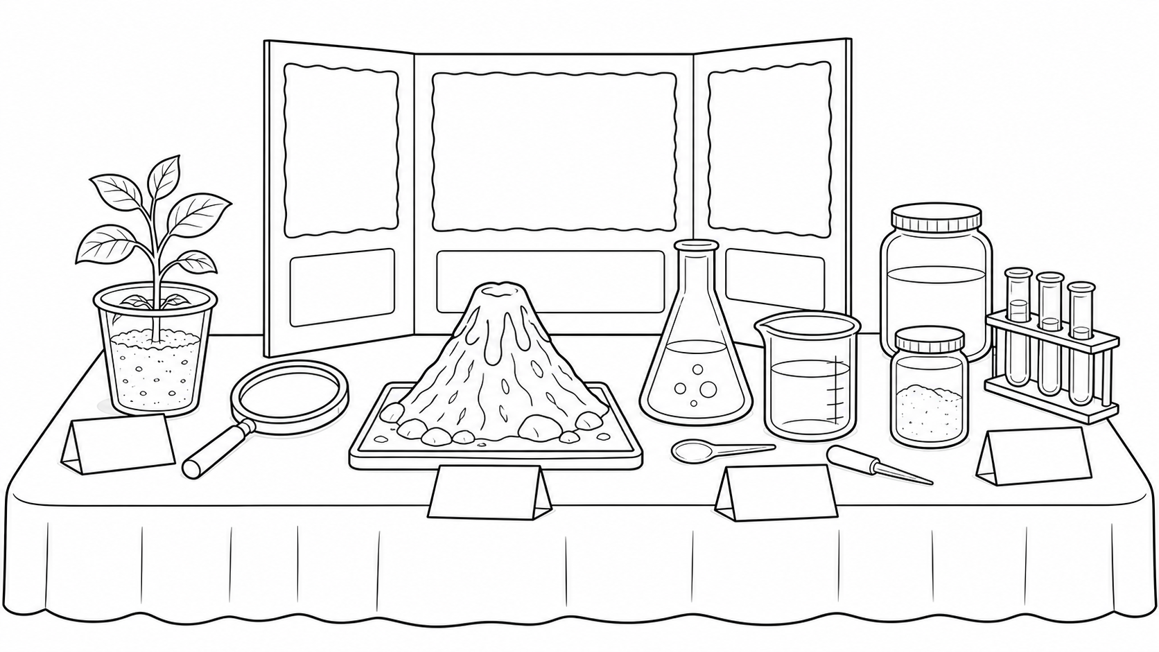 Printable classroom science project coloring page with a plant, magnifying glass, volcano project, and experiment materials.