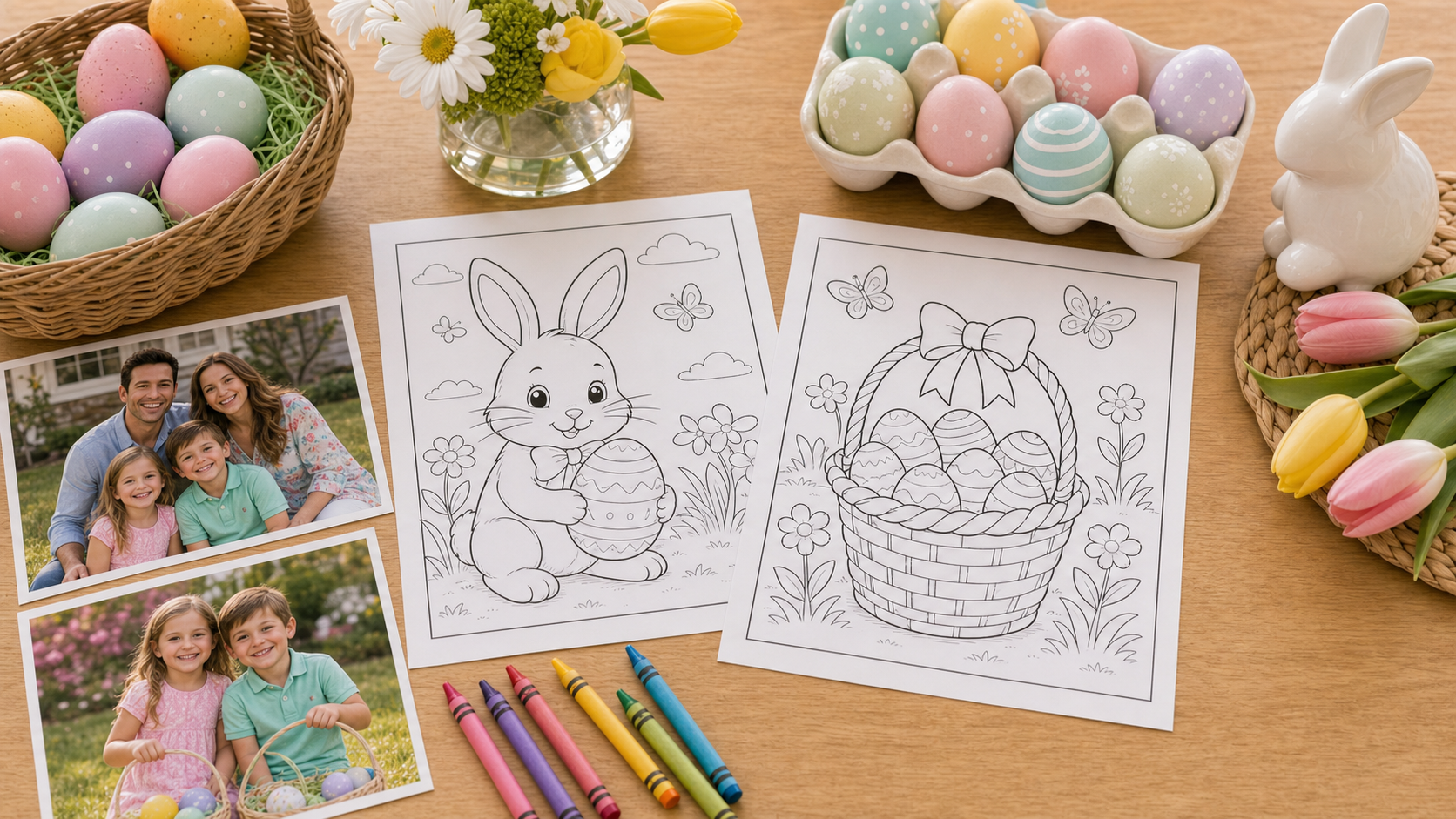 Easter coloring pages on a spring table with baskets, flowers, crayons, and family photo prints
