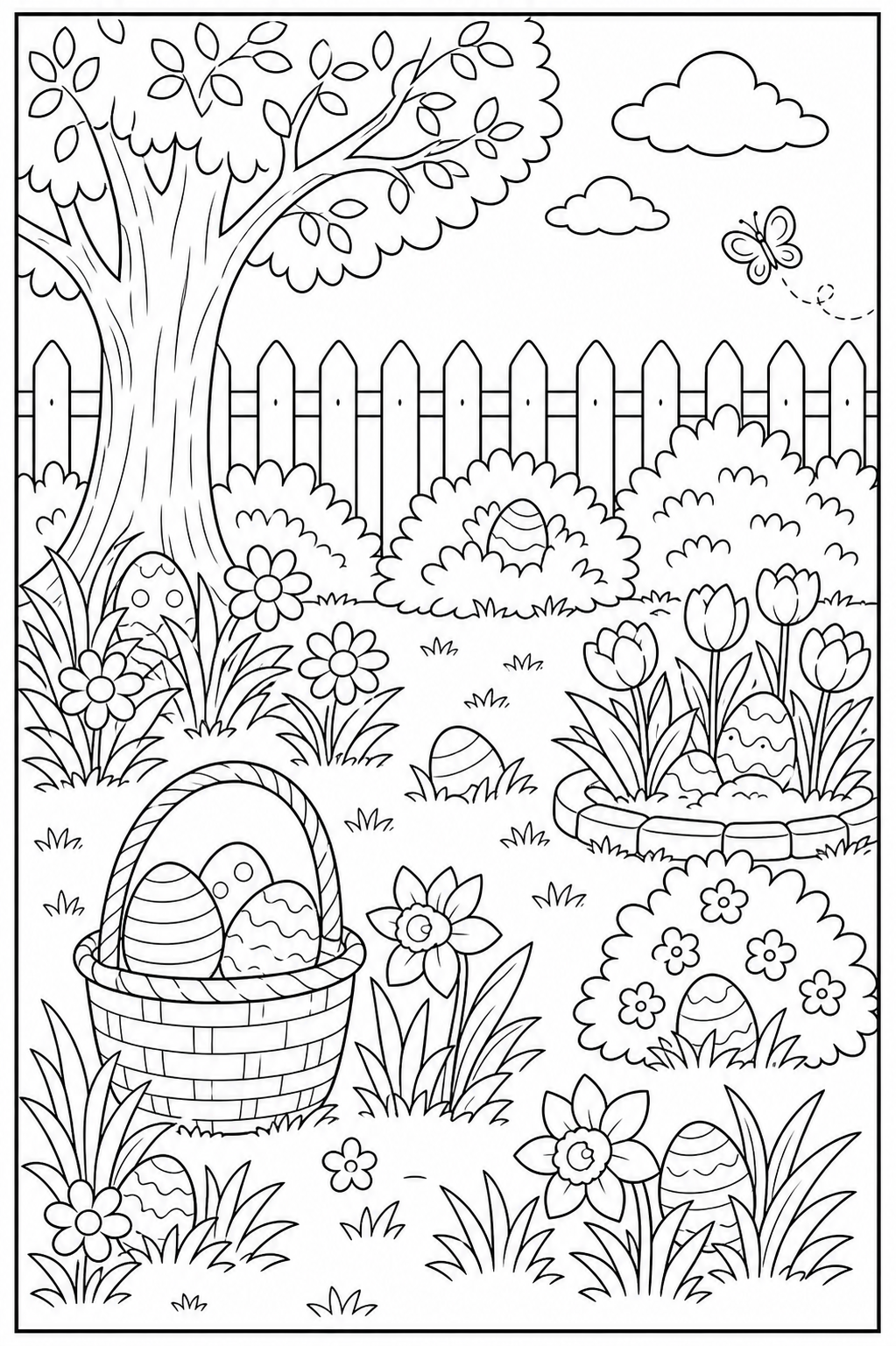 Printable Easter egg hunt coloring page.