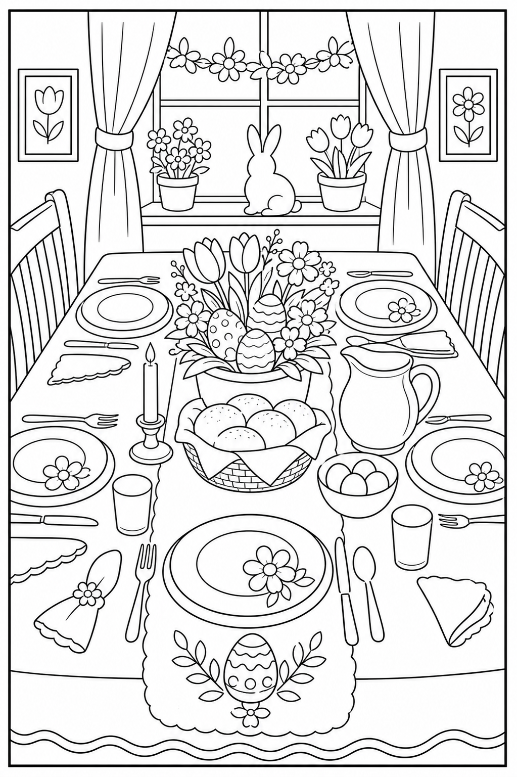 Printable Easter family meal coloring page.
