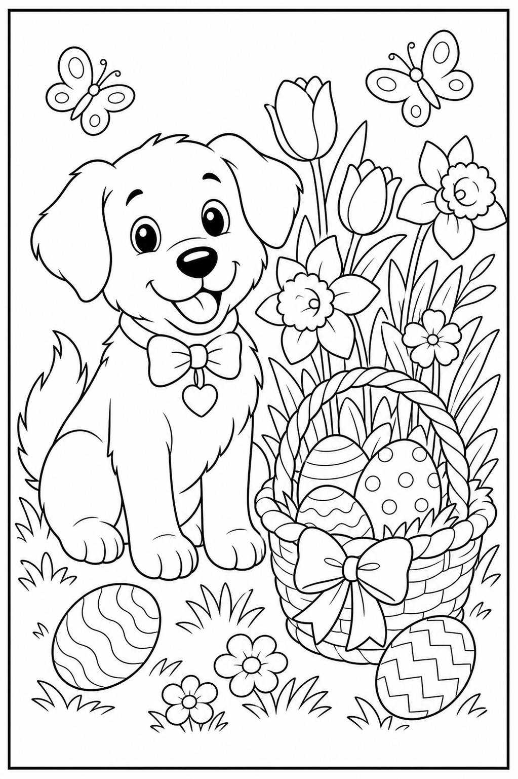 Printable Easter pet and flowers coloring page.