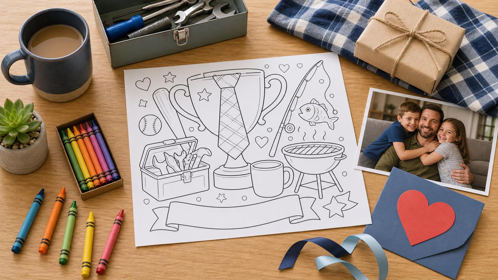 Father's Day coloring page on a table with crayons, a family photo, and simple gift supplies
