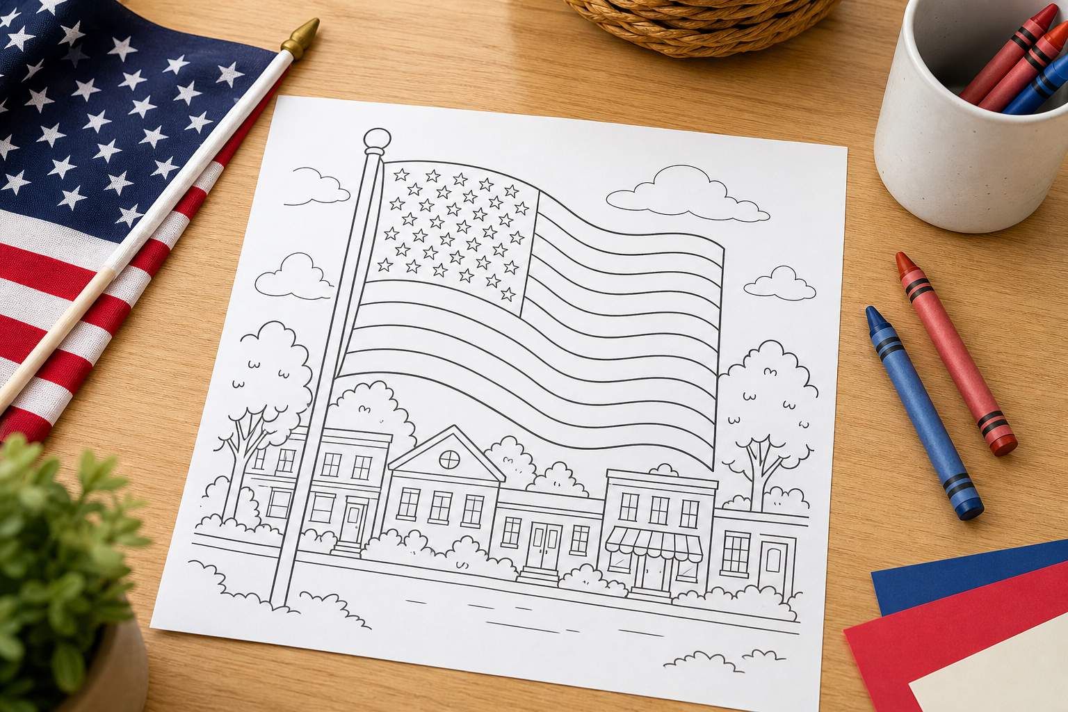 Printable Flag Day coloring page on a classroom table with crayons, a small flag, and a simple community building sketch