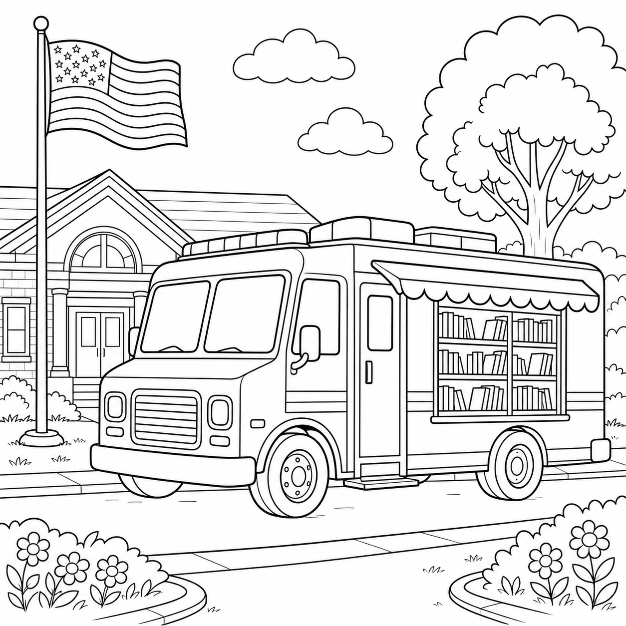 Preview of a community helper vehicle Flag Day coloring page.