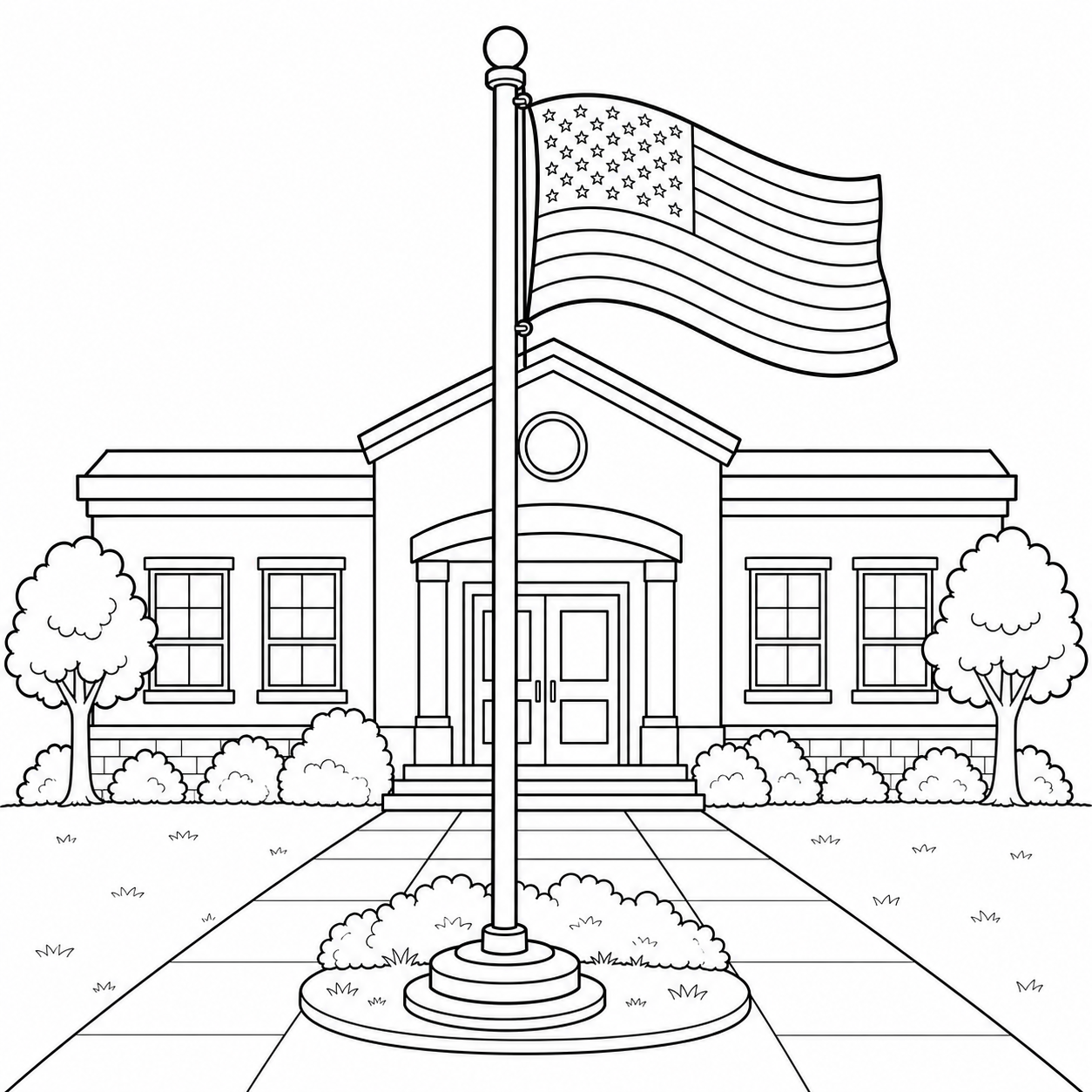 Preview of a school flagpole Flag Day coloring page.