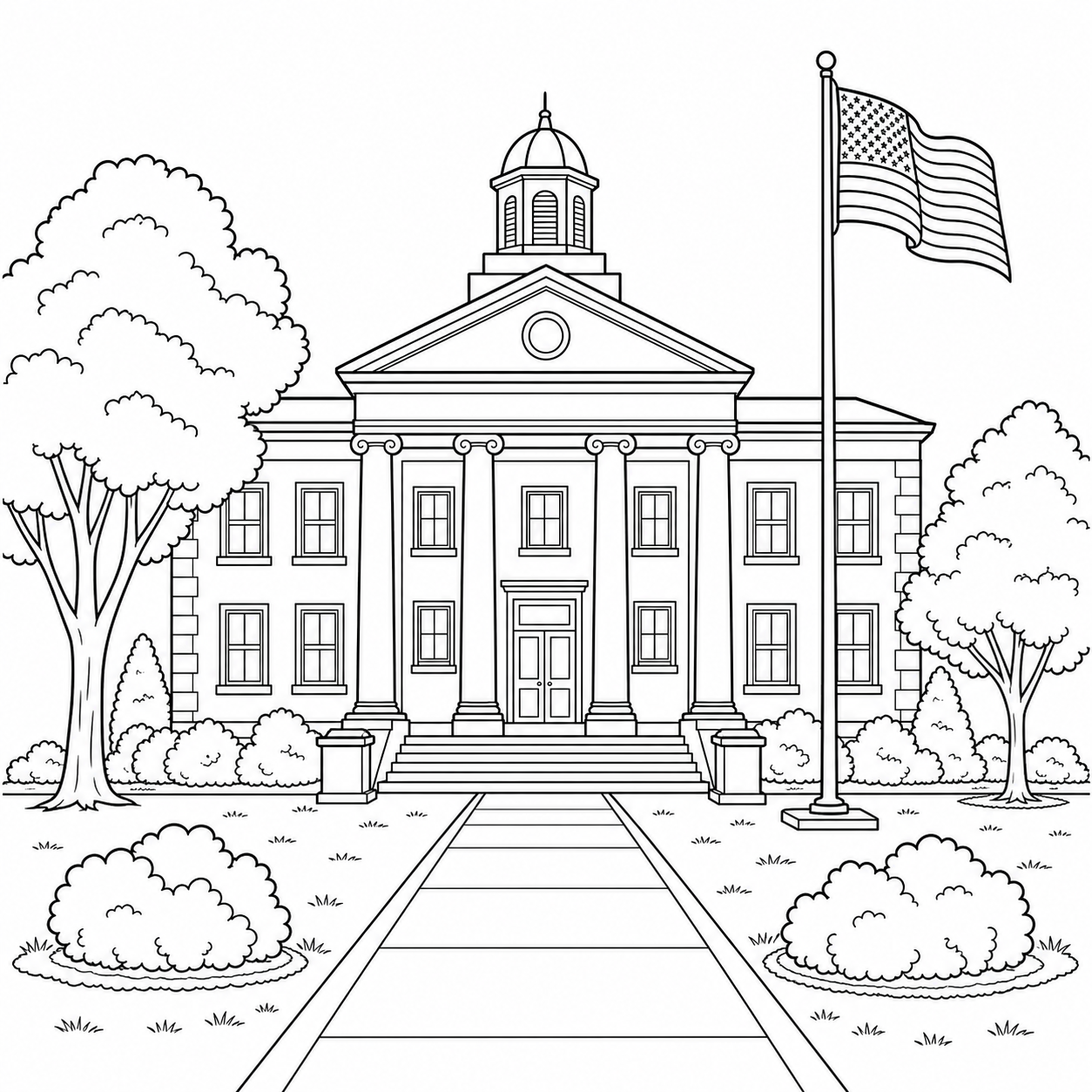 Preview of a town hall Flag Day coloring page.
