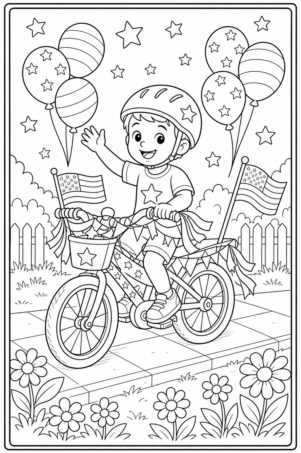 Printable Fourth of July bike parade coloring page.