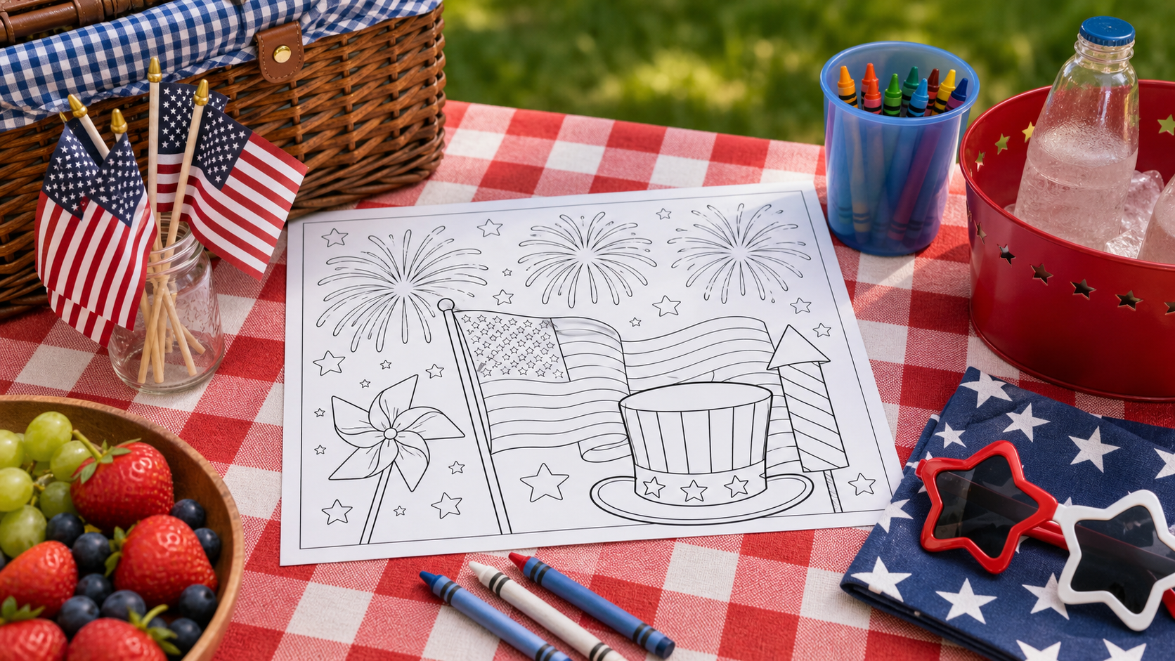 Fourth of July coloring page on a picnic table with crayons, flags, and summer supplies