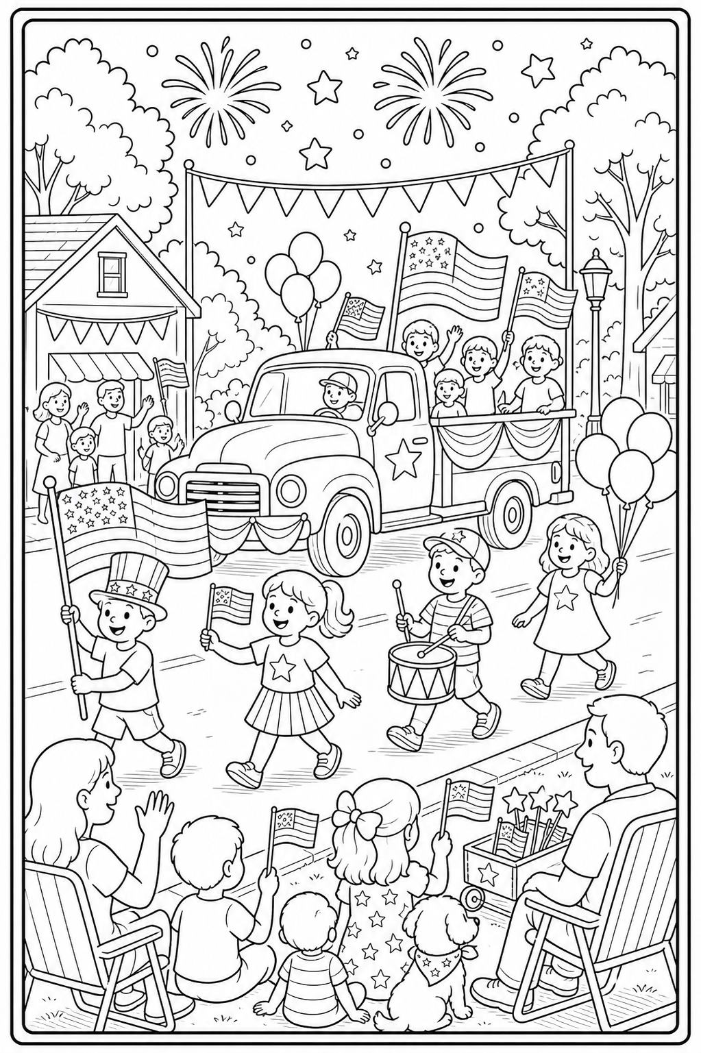 Printable Fourth of July parade coloring page.