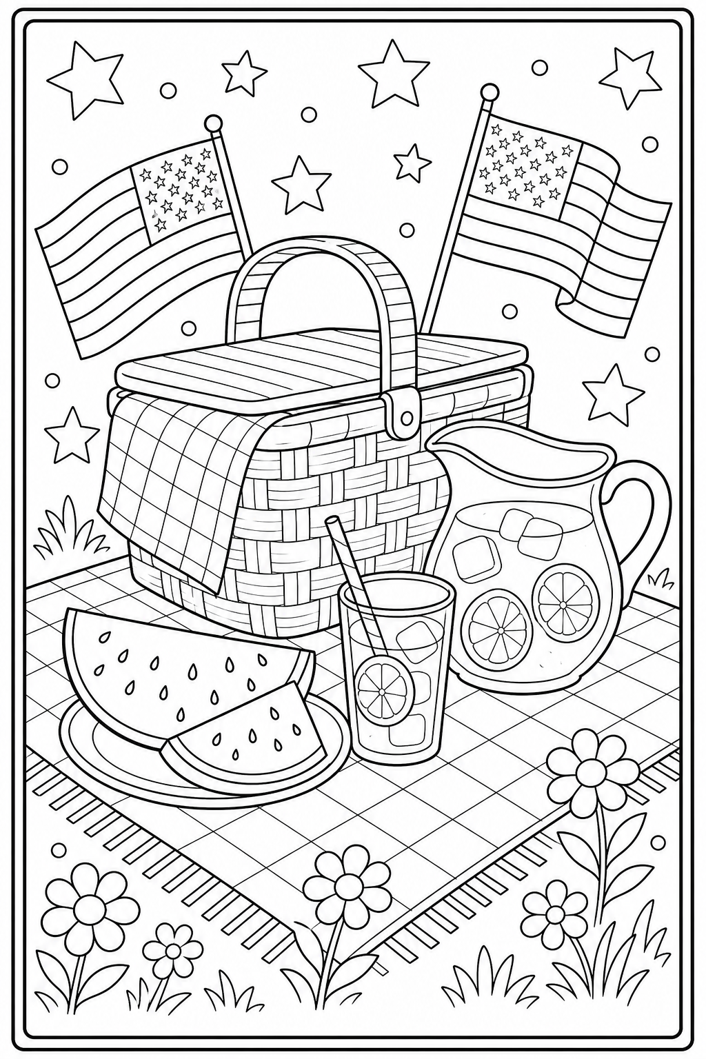 Printable Fourth of July picnic coloring page.