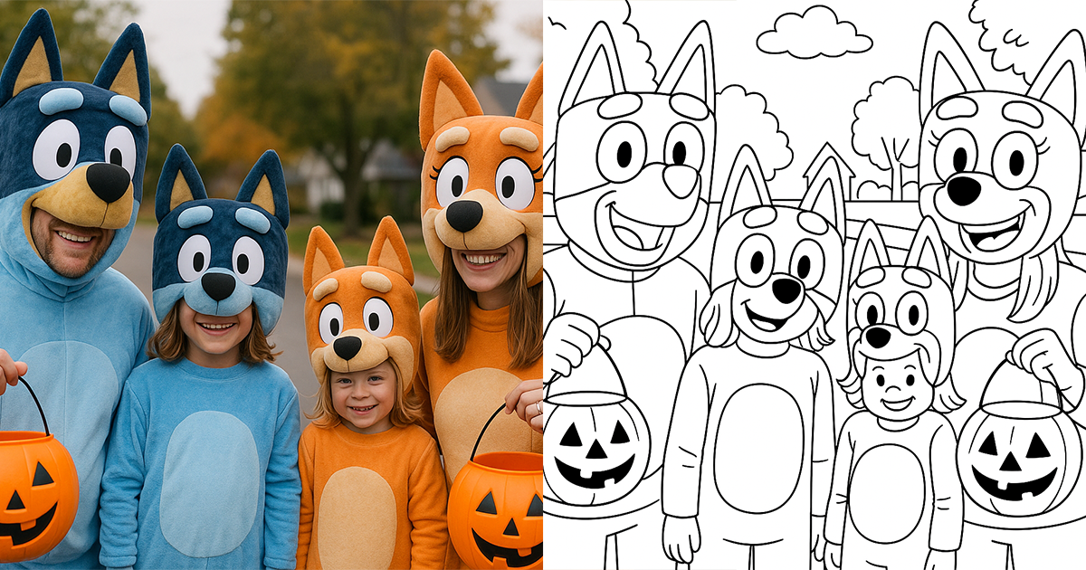A family in costumes halloween family photo on the left and an ai coloring book page generated version of the image on the right