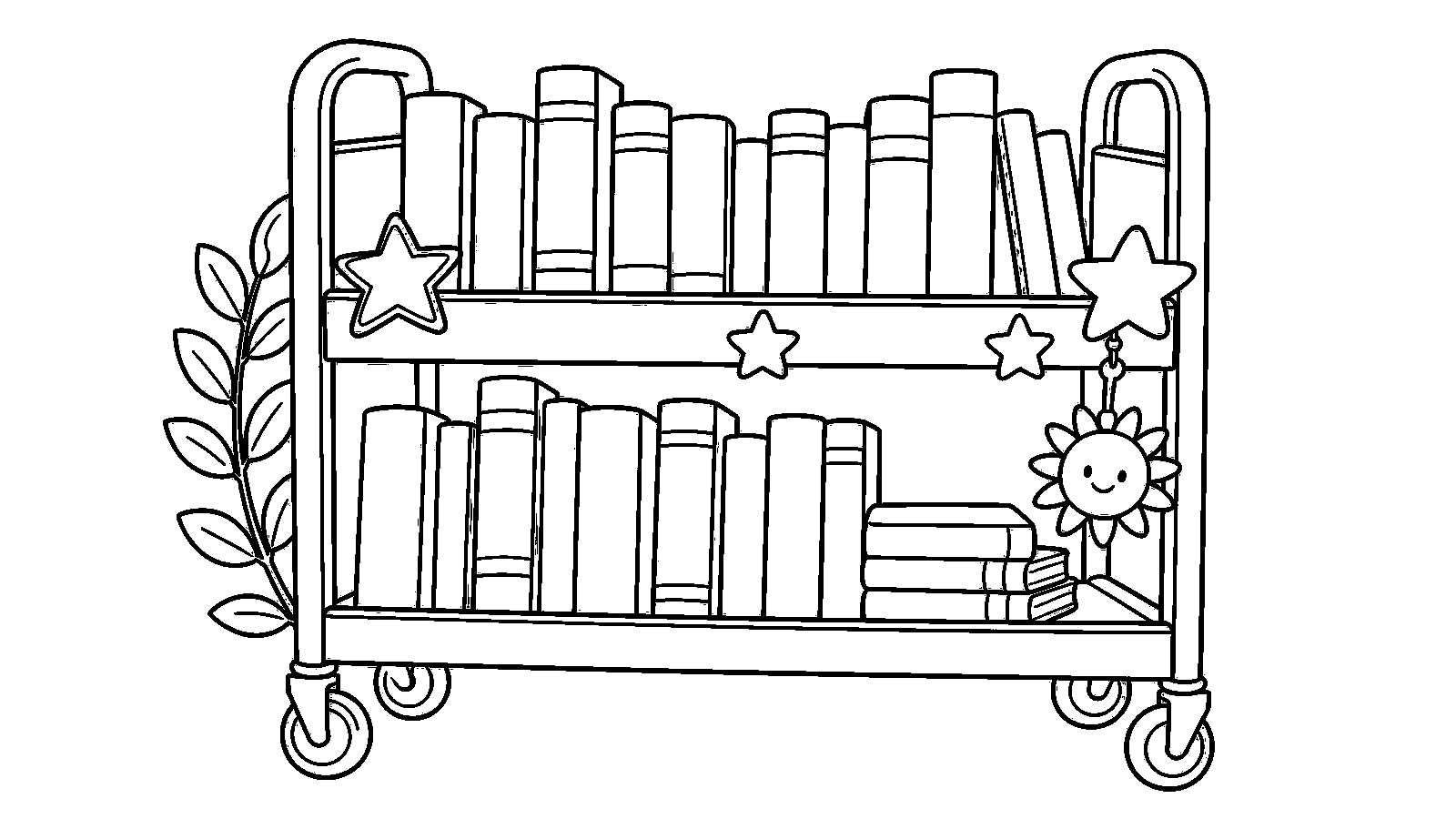 Printable book cart coloring page for a summer library activity.