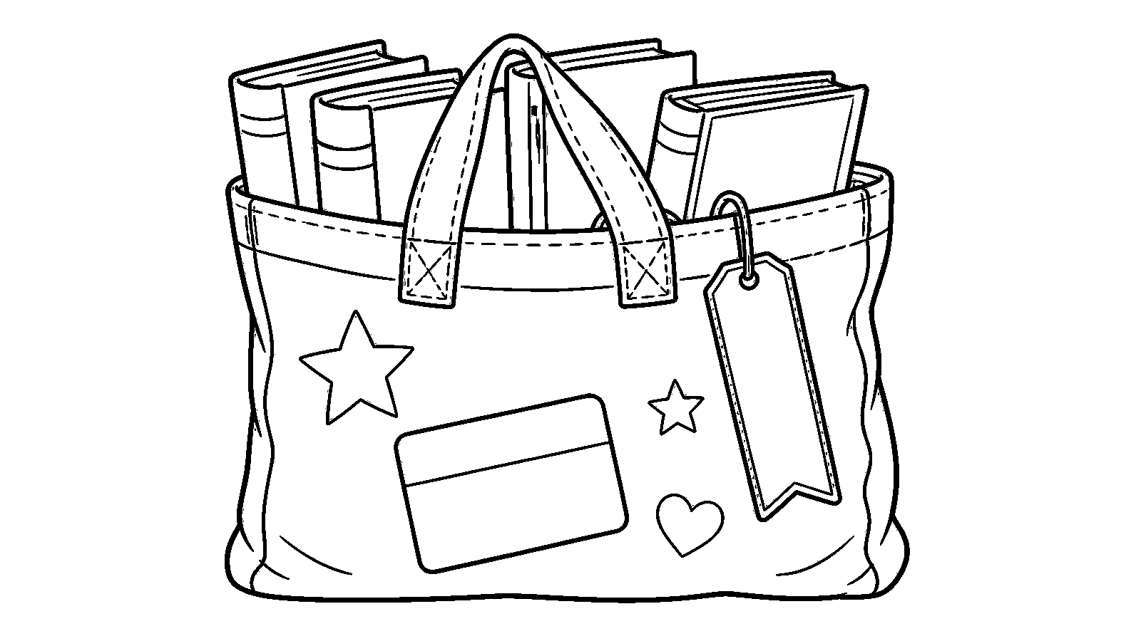 Printable library bag coloring page for kids with books, a blank card, stars, and a bookmark.