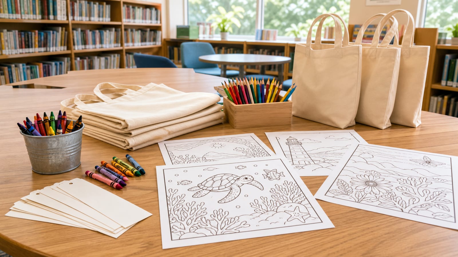 Summer library activity table with blank tote bags, crayons, bookmarks, and printable coloring pages.