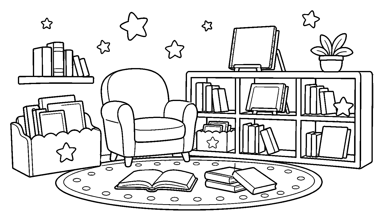 Printable storytime corner coloring page with books, a chair, shelves, and a rug.