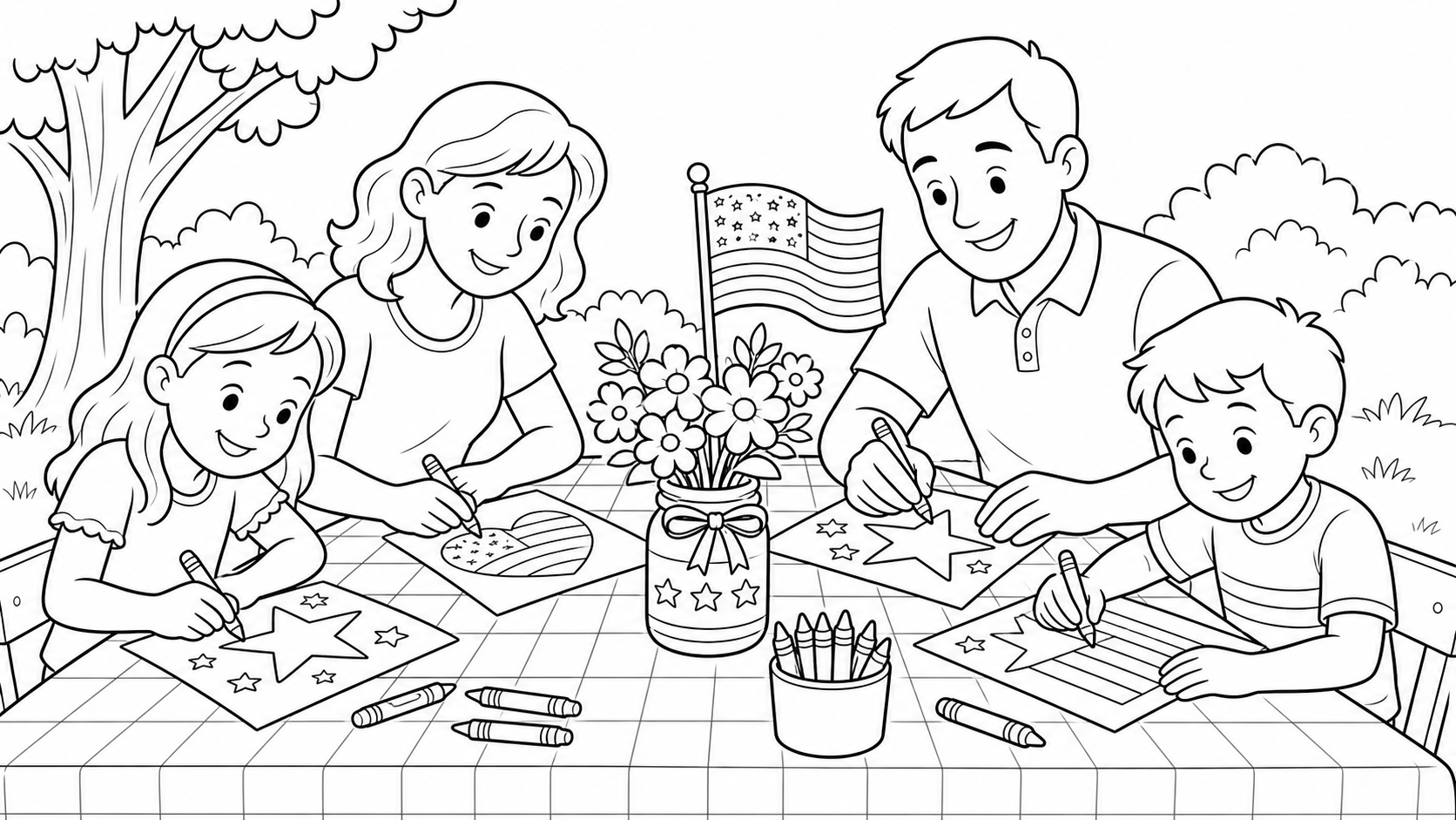 Preview of a family picnic table Memorial Day coloring page.